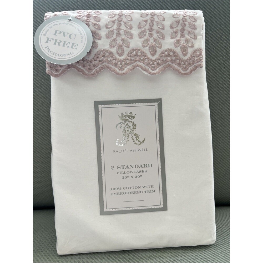 Rachel Ashwell Standard Pillowcases WHITE COTTON EMBROIDERED Pink Trim New